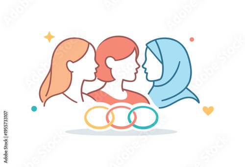 Community connection and supportive networking among women in collaborative social or business settings focusing on shared goals and mutual inspiration, a trio of minimal female