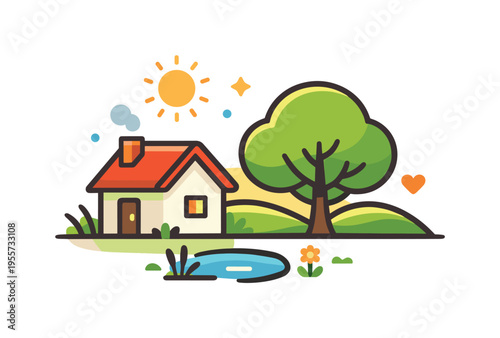 Rural lifestyle and slow living appreciation focused on connection with nature and peaceful daily routines, a small countryside house beside a rounded tree and gentle rolling hill