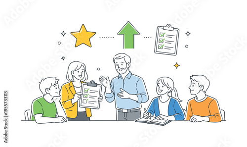 Students and instructors analyzing learning outcomes during an education evaluation assessment session focused on measuring knowledge and planning next learning steps, representing