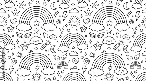 Playful rainbow and cloud doodle theme with soft kawaii vibe, doodle objects including rainbow shapes, small rainbows, fluffy clouds, smiling clouds, stars, hearts, sparkles, sun,