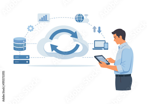 Digital system synchronization and data updating process in a modern technology workflow environment, a large circular pair of refresh arrows rotating around a simplified cloud
