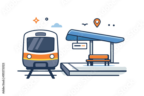 Train station railway transportation representing organized public travel and daily commuting through modern rail infrastructure, a simple train front positioned beside a station