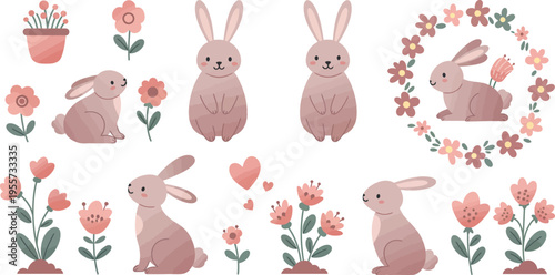 Pink bunnies and flowers illustration with multiple cute rabbit poses and floral arrangements