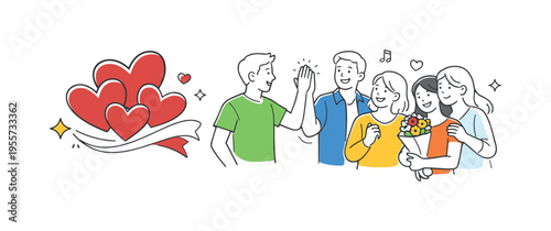 A celebration of appreciation and gratitude where people share positive emotions and supportive relationships within a friendly social environment, visual metaphor of a cluster of
