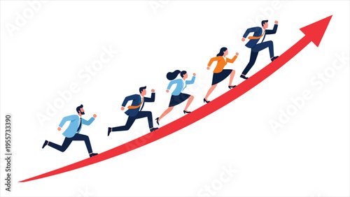 Business Growth Trending Upward, Four People Running with a Red Arrow, Businesspersons Rushing Toward Success Vector Illustration