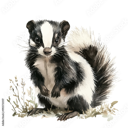 Skunk, colorful watercolor painting with bold outlines, isolated on a white background.