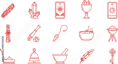 Illustrations of ancient and mystical symbols and tools commonly associated with rituals