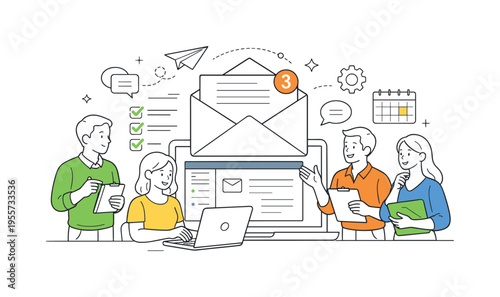 Workplace email communication scene where a team discusses incoming messages and organizes tasks around digital correspondence, a prominent envelope symbol and a laptop screen