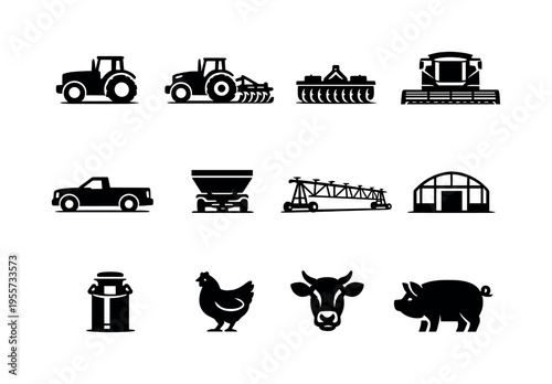 Modern farming equipment: tractor side silhouette, tractor with cultivator, rotary tiller machine, combine harvester front, farm pickup truck, fertilizer spreader, irrigation pipe