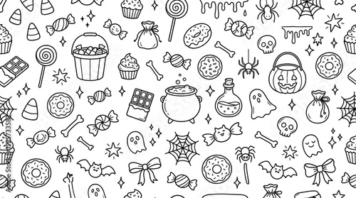 Halloween sweets doodles theme with fun spooky candy vibe, doodle objects including candy corn, wrapped candies, lollipop, chocolate bar, cupcake, donut, cookies, candy bucket,