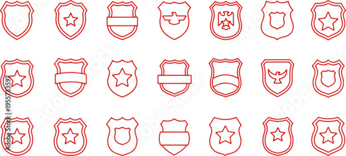 Collection of diverse police and law enforcement badges in red outline design