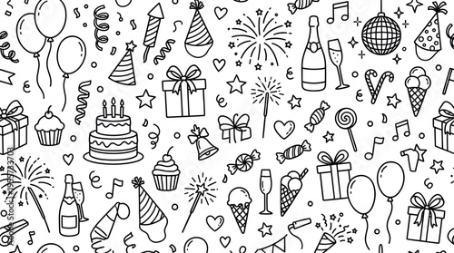 Birthday party celebration theme with cheerful mood, doodle objects including balloons, confetti, streamers, party hats, gift boxes, ribbons, bows, birthday cake, cupcakes, candles