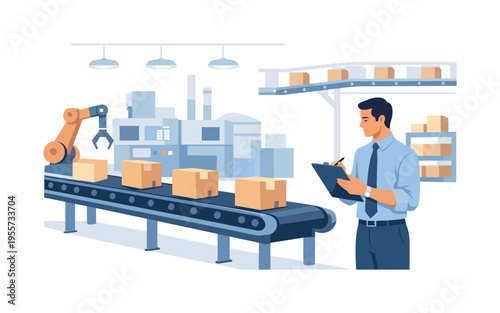 Industrial manufacturing and production line management represented through a clean factory scene, a conveyor belt transporting simple product boxes through a large factory