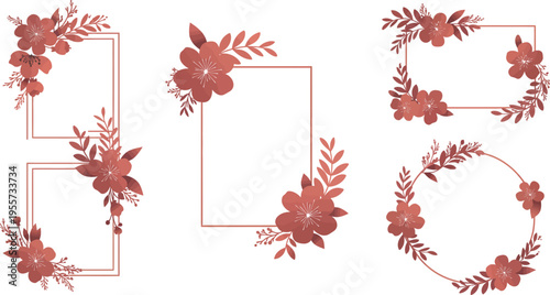 Red floral frames and borders with leaves on white background for decoration and design