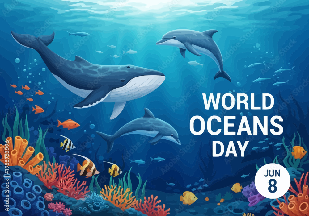 Fototapeta premium Whale and dolphin swimming with fish and coral reef on world oceans day