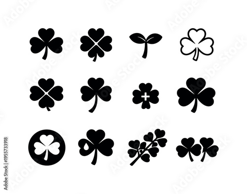 Clover shamrock set: three leaf shamrock, four leaf clover, clover sprout, clover leaf outline, clover leaf cluster, clover with stem, lucky clover symbol, clover with heart shaped