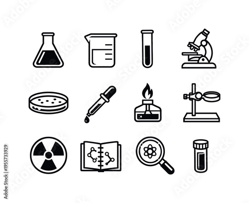 Atomic research equipment set: laboratory flask, laboratory beaker, test tube, microscope, petri dish, pipette dropper, laboratory burner, laboratory stand clamp, radiation hazard