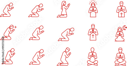 Illustrations of various prayer and religious postures in different faiths