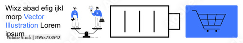Work-life balance, energy management, sustainability, e-commerce, consumer behavior, efficiency. Figures balancing on scales, battery icon shopping cart. Work-life balance and energy management
