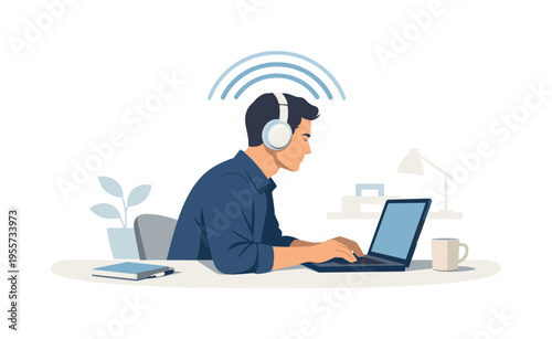 A focused work session scene where a professional concentrates on important digital tasks while minimizing external distractions in a calm modern workspace, visual metaphor of a