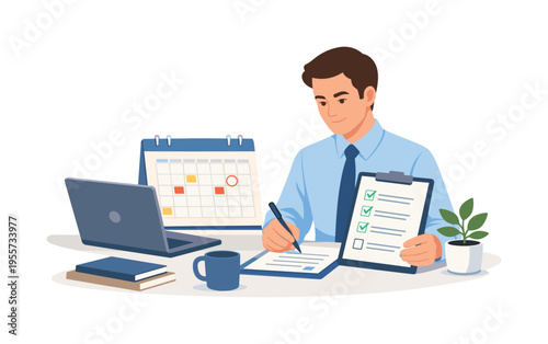 A professional productivity and task management situation where a business worker organizes priorities and schedules daily responsibilities, symbolized with a laptop, a calendar