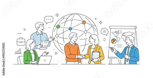 Public policy development and international cooperation concept where professionals analyze data and negotiate solutions for cross-border issues, featuring a globe and