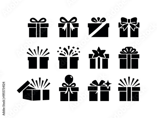 Celebration gift elements: classic present box, gift box with ribbon loop bow, gift box with diagonal ribbon, present box with double bow, gift box with burst lines, gift box with