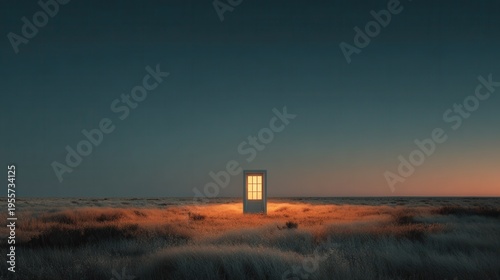 A small door stands alone in a vast, open field at dusk with a warm light emanating from it.