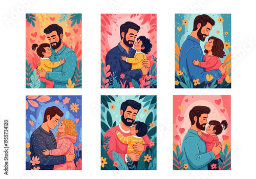 Collection of six colorful illustrations of fathers and children