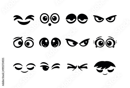 Emotional eyes collection: laughing squint eyes, shocked round eyes, exhausted droopy eyes, confident narrowed eyes, confused uneven eyes, innocent sparkling eyes, jealous side-eye