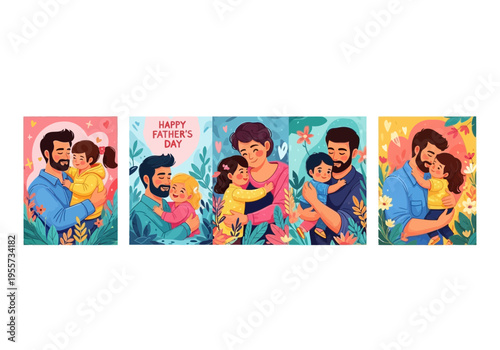 Four colorful fathers day cards with happy family illustrations