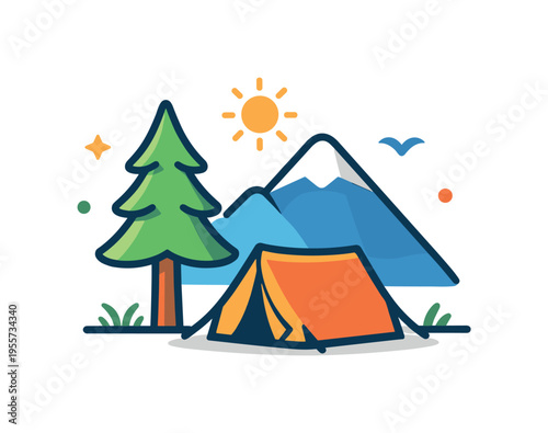 Simple eco-friendly travel and sustainable outdoor lifestyle focused on appreciating nature and slowing down, a small camping tent next to a tall evergreen tree with a minimal