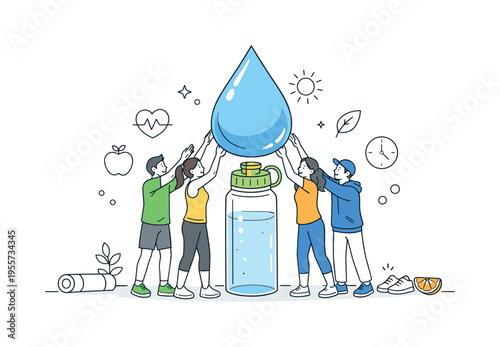 Healthy lifestyle and hydration awareness concept where a group of people support a large clean water drop positioned above a reusable bottle, symbolizing daily hydration habits