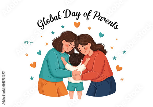 Global day of parents illustration with two mothers and child