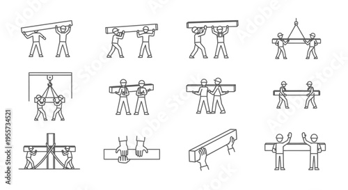 Construction Workers Carrying Heavy Beams Icon Set - Manual Labor, Lifting, and Material Handling Pictograms