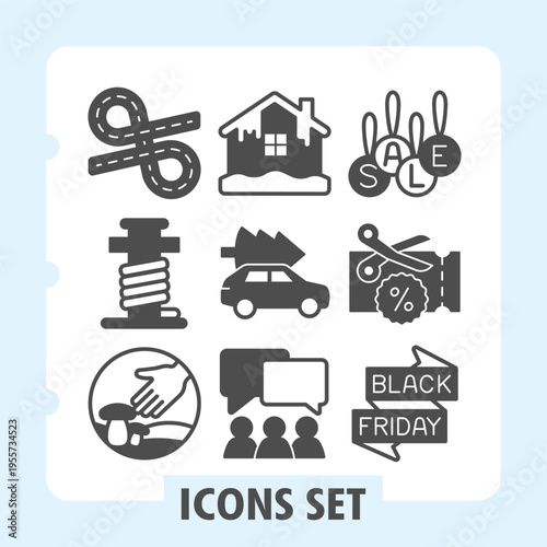 Set of nine clean glyph icons representing shopping, discounts, home delivery, savings and customer engagement for web and mobile interfaces.