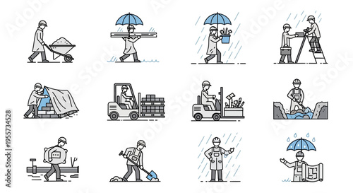 Construction Workers and Industrial Site Laborers in Rainy Weather and Wet Conditions Vector Icon Set