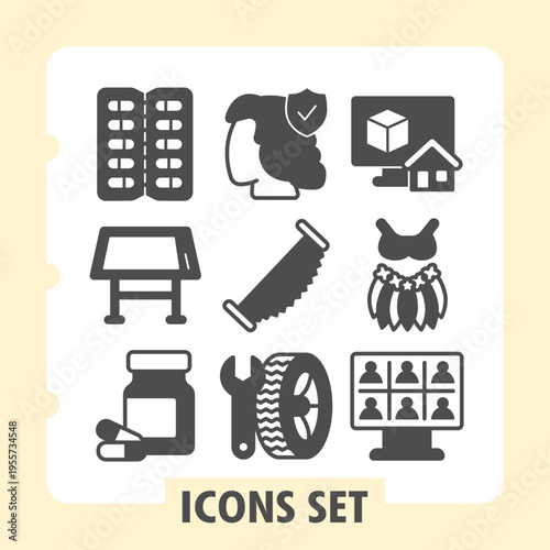 Set of nine clean glyph icons representing technology, security, property, teamwork and tools for modern web or mobile interfaces.