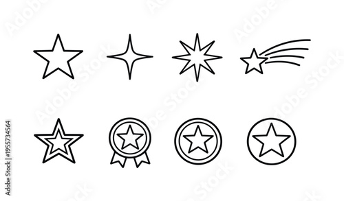 Star symbols and shapes: five point star, four point sparkle star, eight point star, shooting star with trail, starburst sparkle, outlined hollow star, star medal badge, star in