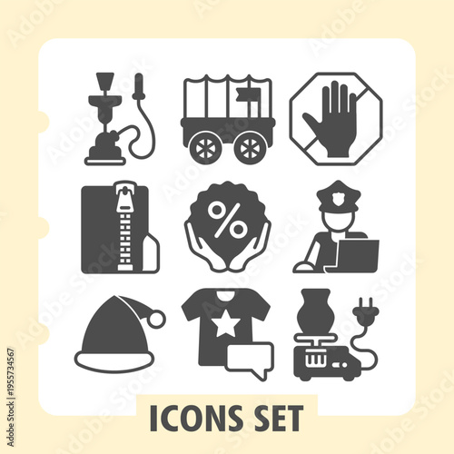 Set of nine clean glyph icons representing investment, manufacturing, growth, retail, analytics, apparel, security, energy and transportation for web and mobile design projects.