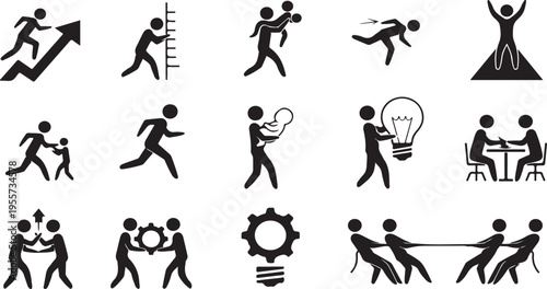 Collection of 15 black silhouette icons depicting various human actions and teamwork