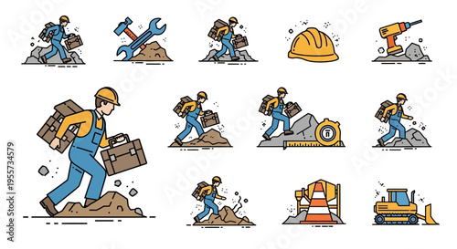 Set of Construction Worker Characters and Industrial Tools Icons in Flat Line Art Style