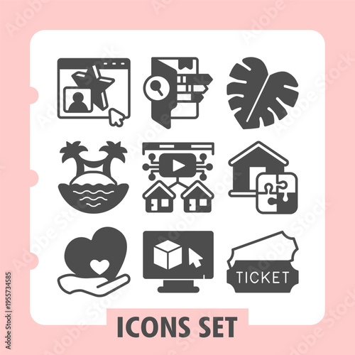 Set of nine clean glyph icons representing user profiles, analytics, agriculture, real estate, video streaming, housing, relationships, ecommerce and event tickets for web and mobile applications.