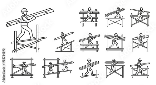 Construction Worker Scaffolding Icon Set - Building Laborers Carrying Planks and Lumber on Site - Vector Line Art Collection