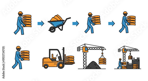 Industrial Construction Site Workflow Illustration with Workers, Forklift, Crane, and Material Handling Equipment