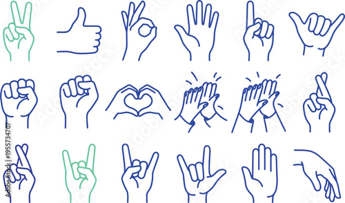 Collection of hand gestures commonly used in sign language and pop culture