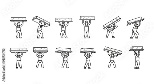 Construction Worker Icon Set - Laborers Lifting and Carrying Heavy Concrete Slabs Line Art Illustrations