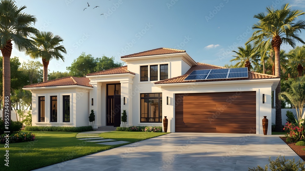 Fototapeta premium Modern luxury eco-friendly Mediterranean house with solar panels and wooden garage door at dusk