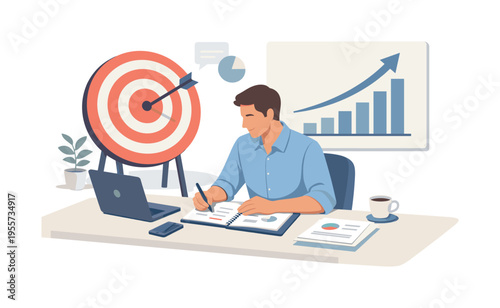 A structured business planning scene where a marketing professional carefully defines campaign direction and audience positioning during a focused desk session in a calm office