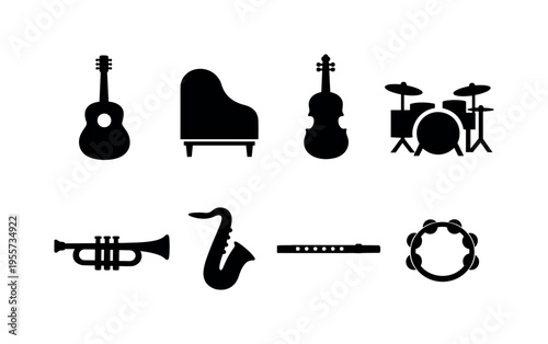 Musical instruments icons: acoustic guitar, grand piano, violin, drum set, trumpet horn, saxophone, flute, tambourine